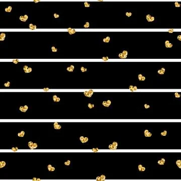 Gold heart seamless pattern. Black-white geometric stripes, golden confetti-h Stock Illustration