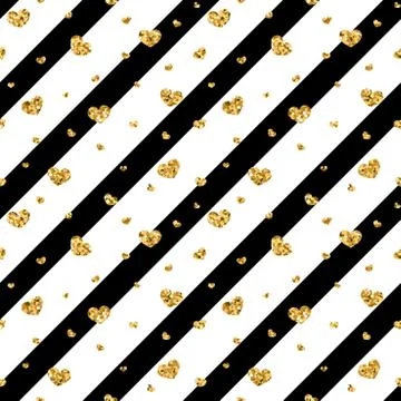 Gold heart seamless pattern. Black-white geometric stripes, golden confetti-h Stock Illustration