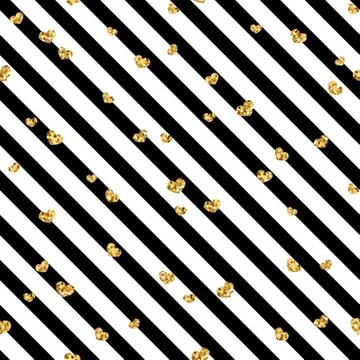 Gold heart seamless pattern. Black-white geometric stripes, golden confetti-h Stock Illustration