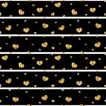 Gold heart seamless pattern. Black-white geometric stripes, golden confetti-h Stock Illustration