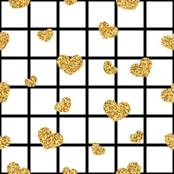 Gold heart seamless pattern. Black-white geometric square, golden confetti-he Stock Illustration