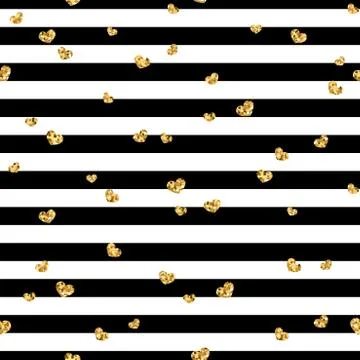Gold heart seamless pattern. Black-white geometric stripes, golden confetti-h Stock Illustration