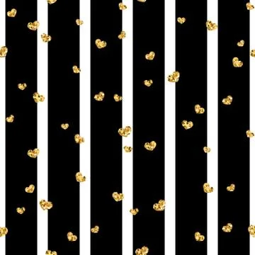 Gold heart seamless pattern. Black-white geometric stripes, golden confetti-h Stock Illustration