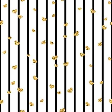 Gold heart seamless pattern. Black-white geometric stripes, golden confetti-h Stock Illustration