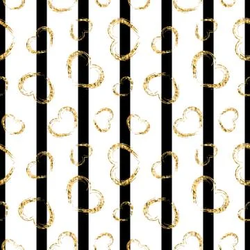 Gold heart seamless pattern. Black-white geometric stripes, golden grunge con Stock Illustration
