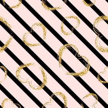 Gold heart seamless pattern. Black-pink geometric stripes, golden grunge conf Stock Illustration