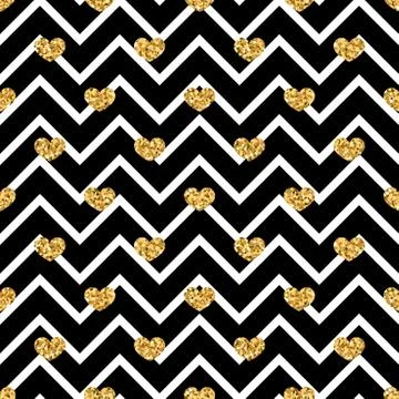 Gold heart seamless pattern. Black-white geometric zig zag, golden confetti-h 스톡 일러스트