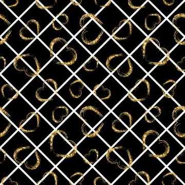 Gold heart seamless pattern. Black-white geometric stripes, golden grunge con Stock Illustration