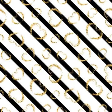 Gold heart seamless pattern. Black-white geometric stripes, golden grunge con Stock Illustration