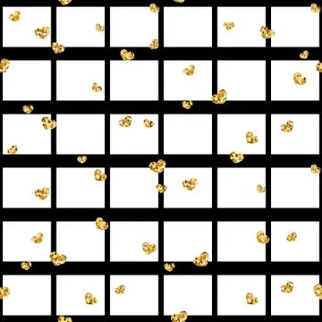 Gold heart seamless pattern. Black-white geometric square, golden confetti-he Stock Illustration