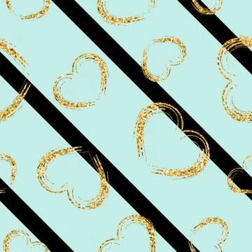 Gold heart seamless pattern. Black-blue geometric stripes, golden grunge conf Stock Illustration
