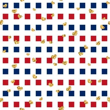 Gold heart seamless pattern. Blue-red-white geometric square, golden confetti Stock Illustration