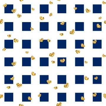 Gold heart seamless pattern. Blue-white geometric square, golden confetti-hea Stock Illustration