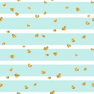 Gold heart seamless pattern. Blue-white geometric stripes, golden confetti-he Illustrazione stock