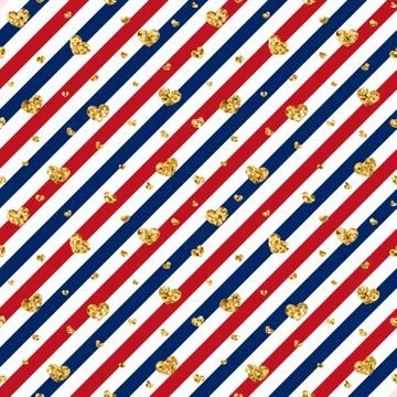Gold heart seamless pattern. Blue-red-white geometric stripes, golden confett Illustrazione stock