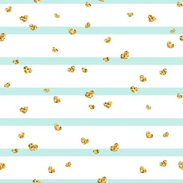 Gold heart seamless pattern. Blue-white geometric stripes, golden confetti-he Stock Illustration