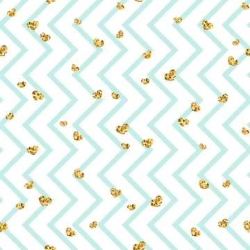 Gold heart seamless pattern. Blue-white geometric zig zag, golden confetti-he イラスト素材