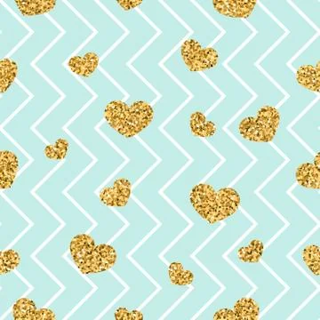 Gold heart seamless pattern. Blue-white geometric zig zag, golden confetti-he Stock Illustration