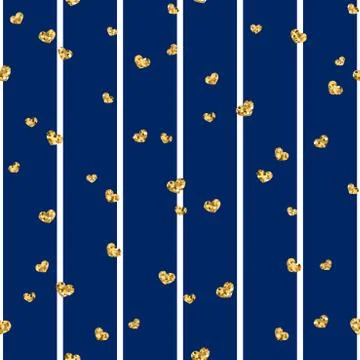 Gold heart seamless pattern. Blue-white geometric stripes, golden confetti-he Illustrazione stock