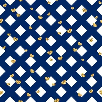 Gold heart seamless pattern. Blue-white geometric decoration, golden confetti Stock Illustration
