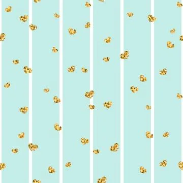 Gold heart seamless pattern. Blue-white geometric stripes, golden confetti-he Stock Illustration