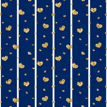 Gold heart seamless pattern. Blue-white geometric stripes, golden confetti-he Stock Illustration