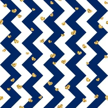 Gold heart seamless pattern. Blue-white geometric zig zag, golden confetti-he 스톡 일러스트