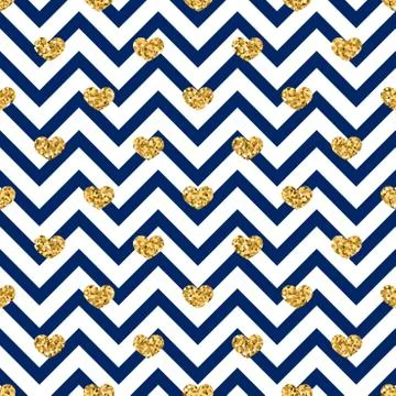 Gold heart seamless pattern. Blue-white geometric zig zag, golden confetti-he Illustrazione stock