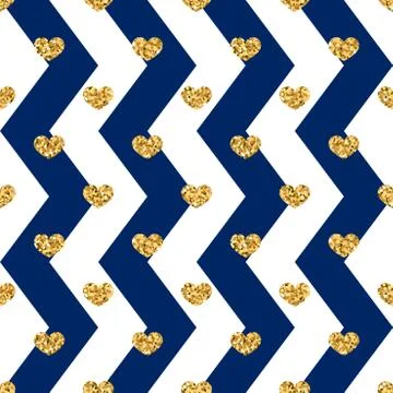 Gold heart seamless pattern. Blue-white geometric zig zag, golden confetti-he Stock Illustration