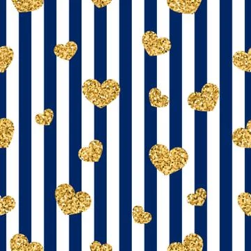 Gold heart seamless pattern. Blue-white geometric stripes, golden confetti-he Stock Illustration
