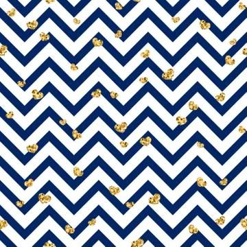 Gold heart seamless pattern. Blue-white geometric zig zag, golden confetti-he Stock Illustration