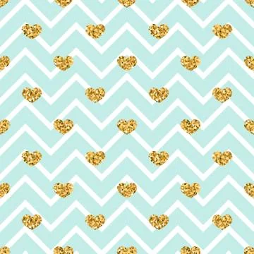 Gold heart seamless pattern. Blue-white geometric zig zag, golden confetti-he Stock Illustration