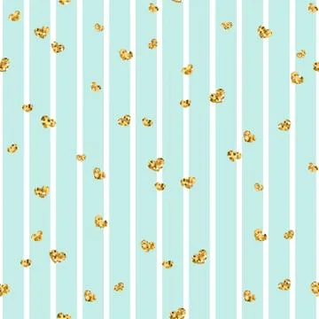 Gold heart seamless pattern. Blue-white geometric stripes, golden confetti-he Stock Illustration