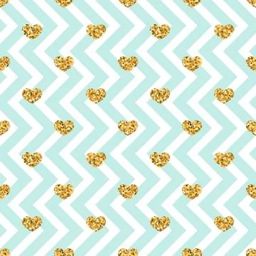 Gold heart seamless pattern. Blue-white geometric zig zag, golden confetti-he 스톡 일러스트