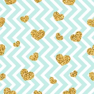 Gold heart seamless pattern. Blue-white geometric zig zag, golden confetti-he Stock Illustration