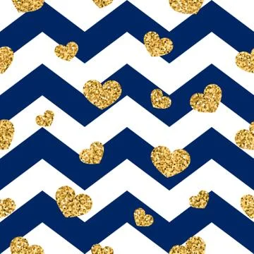 Gold heart seamless pattern. Blue-white geometric zig zag, golden confetti-he Stock Illustration
