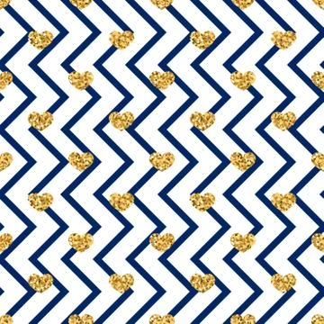Gold heart seamless pattern. Blue-white geometric zig zag, golden confetti-he Illustrazione stock