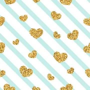 Gold heart seamless pattern. Blue-white geometric stripes, golden confetti-he Stock Illustration