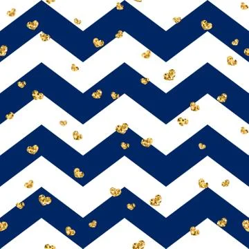 Gold heart seamless pattern. Blue-white geometric zig zag, golden confetti-he Stock Illustration