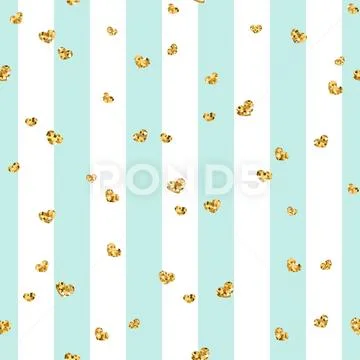 Gold heart seamless pattern. Blue-white geometric stripes, golden confetti-he Stock Illustration