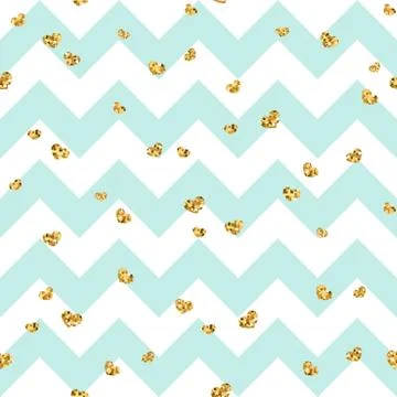 Gold heart seamless pattern. Blue-white geometric zig zag, golden confetti-he Illustrazione stock