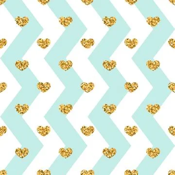 Gold heart seamless pattern. Blue-white geometric zig zag, golden confetti-he Illustrazione stock