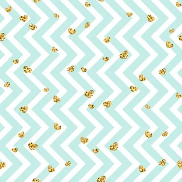 Gold heart seamless pattern. Blue-white geometric zig zag, golden confetti-he Stock Illustration