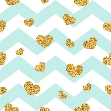 Gold heart seamless pattern. Blue-white geometric zig zag, golden confetti-he Stock Illustration