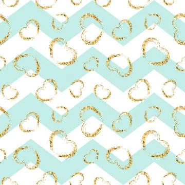 Gold heart seamless pattern. Blue-white geometric zig zag, golden grunge conf Stock Illustration