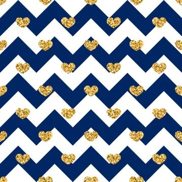 Gold heart seamless pattern. Blue-white geometric zig zag, golden confetti-he Illustrazione stock