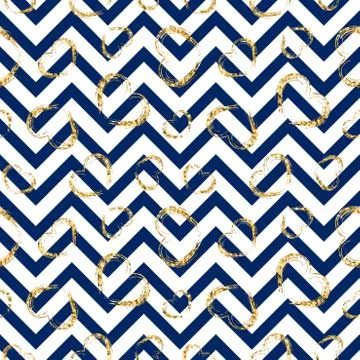 Gold heart seamless pattern. Blue-white geometric zig zag, golden grunge conf Illustrazione stock