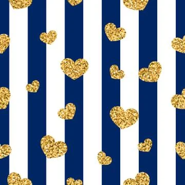 Gold heart seamless pattern. Blue-white geometric stripes, golden confetti-he Stock Illustration