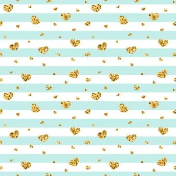 Gold heart seamless pattern. Blue-white geometric stripes, golden confetti-he Illustrazione stock
