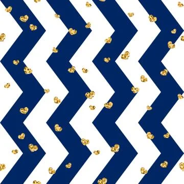 Gold heart seamless pattern. Blue-white geometric zig zag, golden confetti-he Stock Illustration
